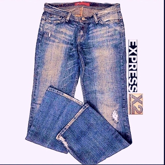 SUPER LOW RISE EXPRESS DENIM JEANS SLIM FIT FLARE LEGS DISTRESSED 8 LO… - Picture 10 of 11